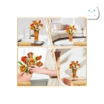 لگو دسته گل رز با تم رنگی پاییزی (نارنجی و کرم) به همراه گلدان چوبی لگویی و جعبه محصول