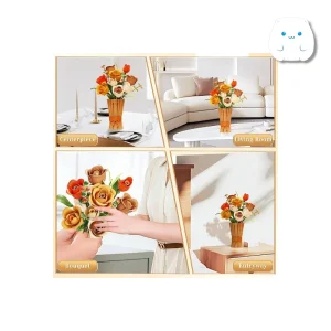 لگو دسته گل رز با تم رنگی پاییزی (نارنجی و کرم) به همراه گلدان چوبی لگویی و جعبه محصول