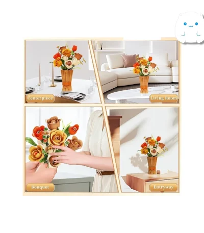 لگو دسته گل رز با تم رنگی پاییزی (نارنجی و کرم) به همراه گلدان چوبی لگویی و جعبه محصول