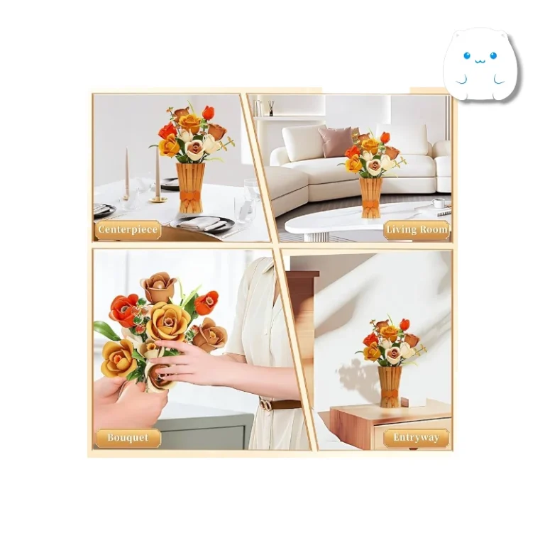 لگو دسته گل رز با تم رنگی پاییزی (نارنجی و کرم) به همراه گلدان چوبی لگویی و جعبه محصول