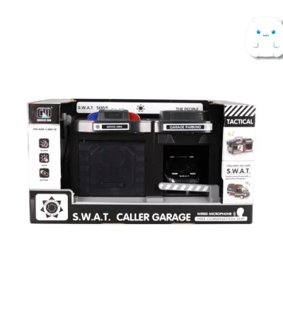 ست اسباب‌بازی گاراژ پلیس سری S.W.A.T مشکی رنگ دارای پارکینگ، میکروفون و ماشین پلیس