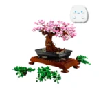 پشت جعبه لگو درخت بونسای کد 10281 نمایش‌دهنده ابعاد و مدل‌های قابل تغییر سبز و صورتی شکوفه